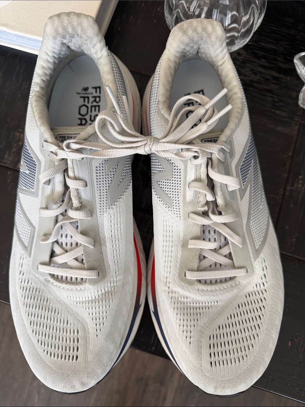 New Balance Light Gray Sneakers with Red & Navy Highlights